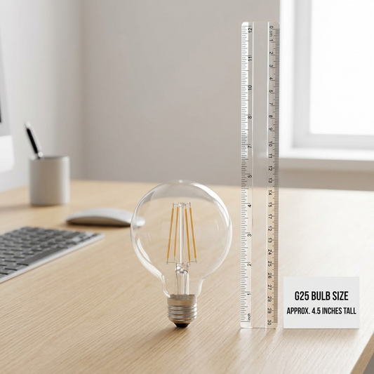 Sylvania SMART+ WiFi G25 filament LED bulb shown to scale with a ruler on a desk, approximately 4.5 inches tall.