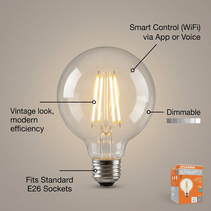 LEDVANCE SMART+ WiFi G25 Filament bulb with callouts for Control, Dimmable, Vintage Look, and E26 Base.