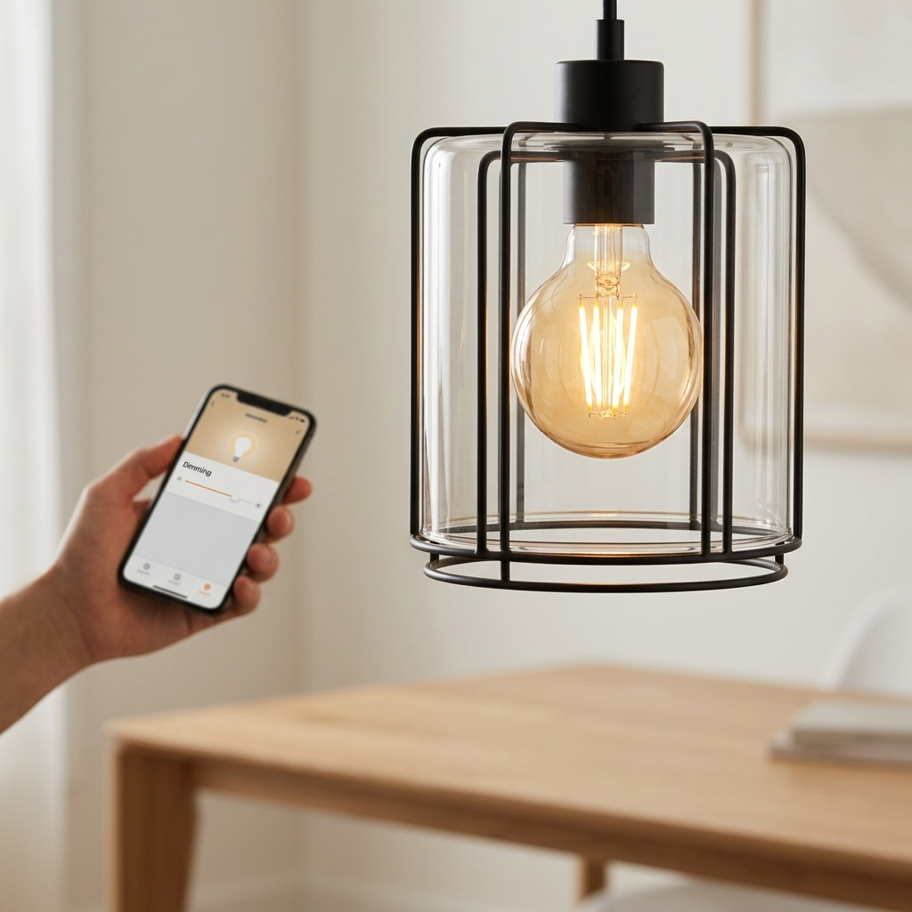 Lifestyle image showing the clear glass Sylvania G25 SMART+ WiFi filament bulb with warm glow in a pendant fixture.