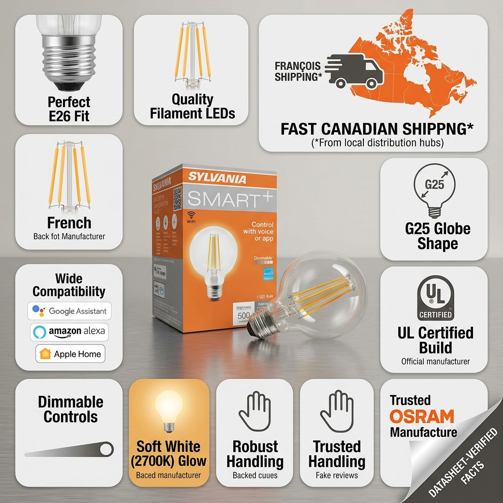 A clean ecommerce infographic showcasing the LEDVANCE Sylvania SMART+ Wi-Fi G25 bulb. Icons highlight key features like voice control, dimming, warm white 2700K light, ease of installation, fast Canadian shipping, and UL certification, with an emphasis on trust and compatibility.
