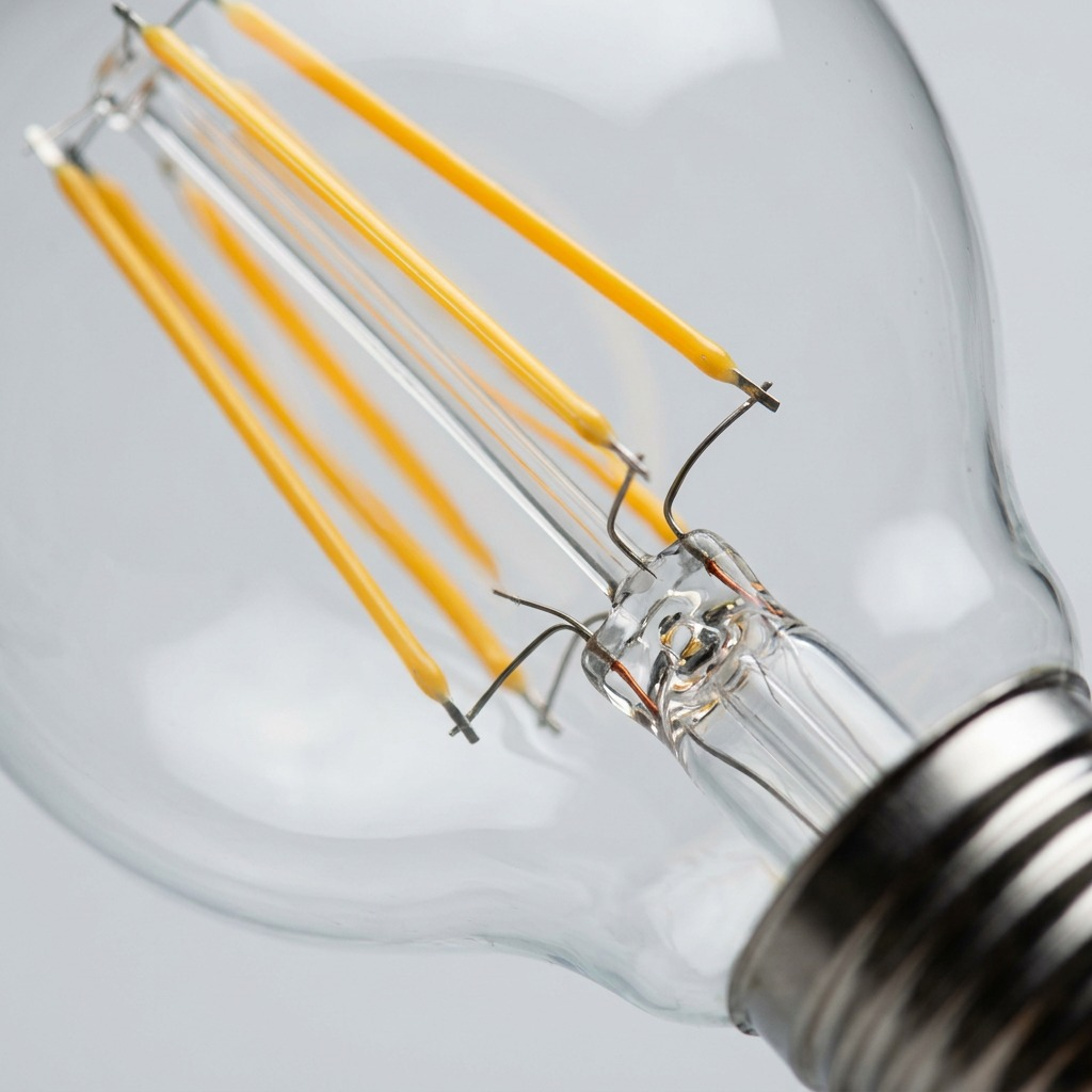 Macro photograph of the internal LED structure of the SYLVANIA SMART+ WiFi Filament Clear G25 bulb.