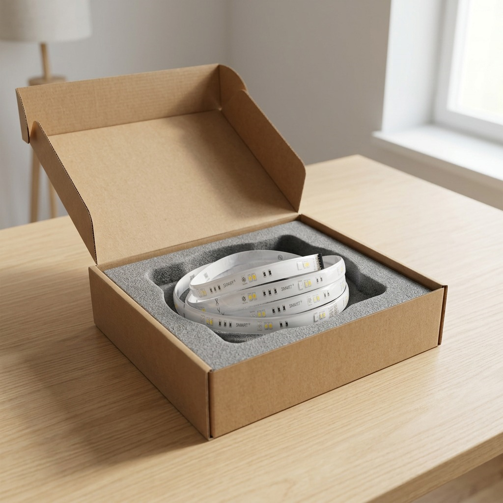 Premium unboxing view showing protective foam and the LEDVANCE SMART+ WiFi Flex strip within a generic shipping carton.