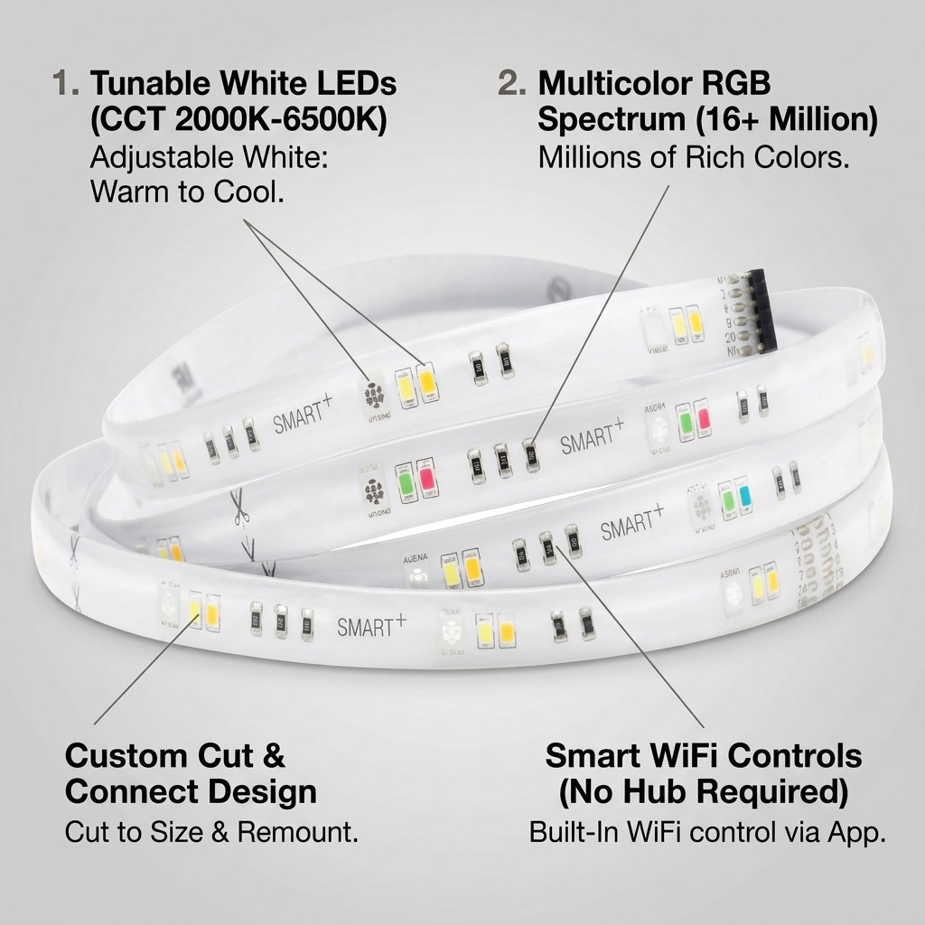A diagram-style ecommerce image of the LEDVANCE SMART+ WiFi Flex with 4 feature callouts on its components.