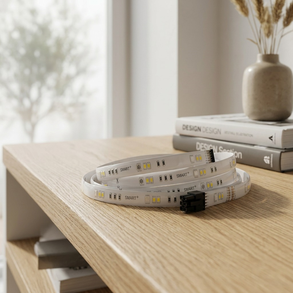 A product photograph of the coiled LEDVANCE SMART+ WiFi Flex strip light placed on a clean wooden shelf next to a stack of books, in a home environment. (The strip is not illuminated)