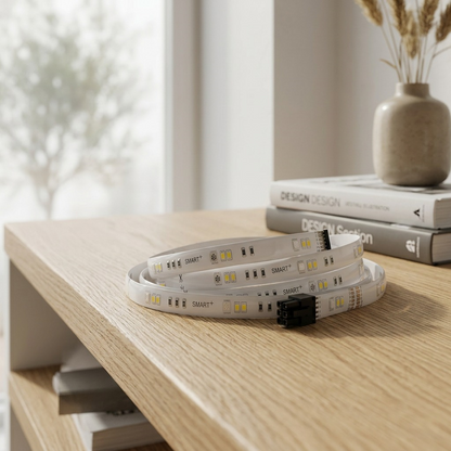 A product photograph of the coiled LEDVANCE SMART+ WiFi Flex strip light placed on a clean wooden shelf next to a stack of books, in a home environment. (The strip is not illuminated)