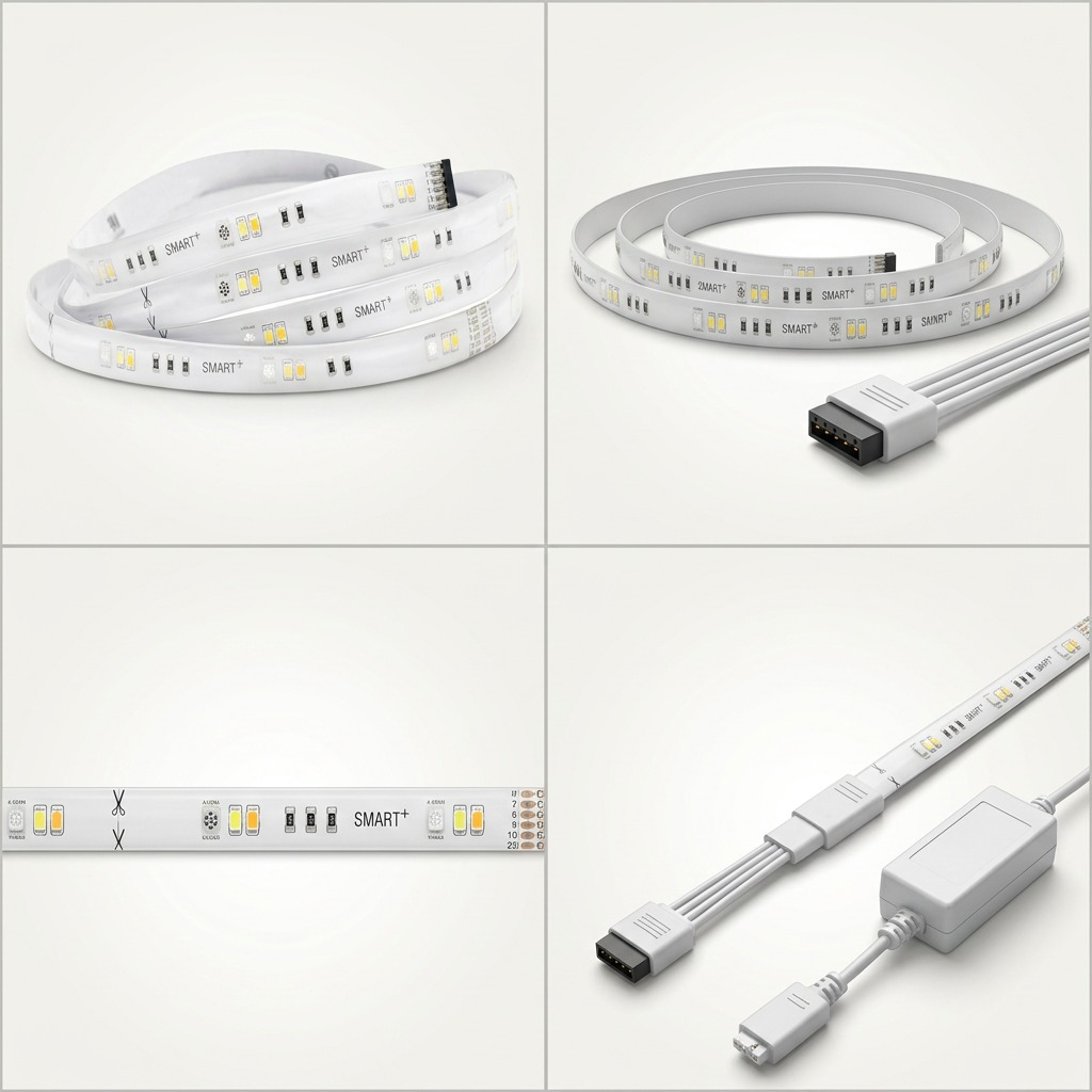 A premium product display grid showing the generic-labeled smart LED strip from four different precise angles against a soft grey background.