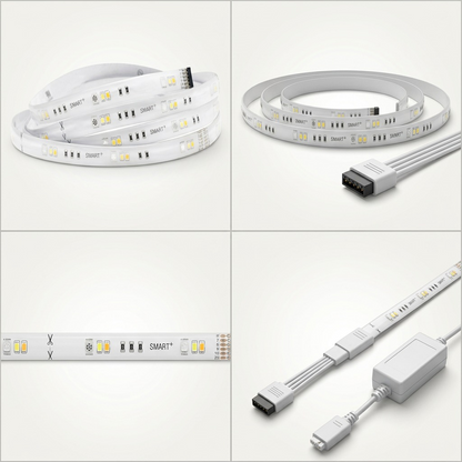 A premium product display grid showing the generic-labeled smart LED strip from four different precise angles against a soft grey background.