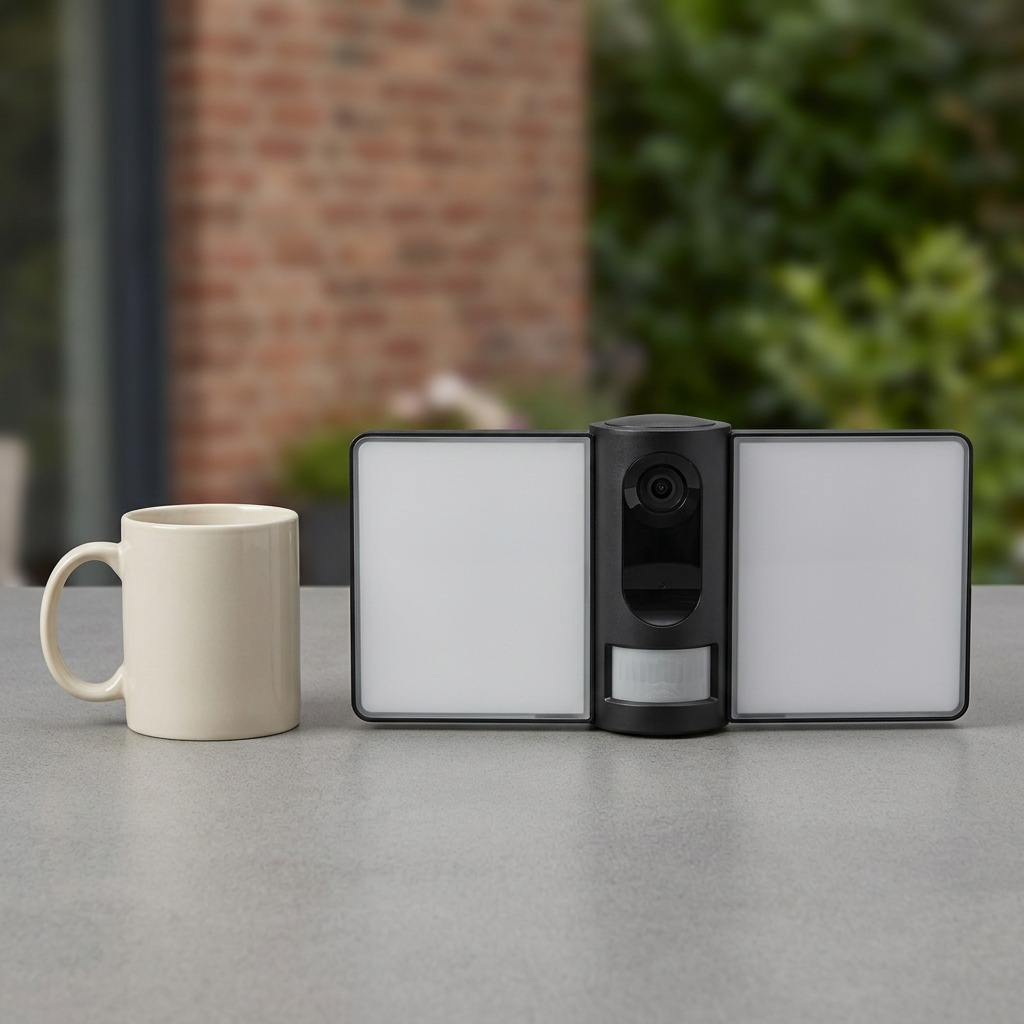 LEDVANCE floodlight camera on a table next to a coffee mug for scale reference.
