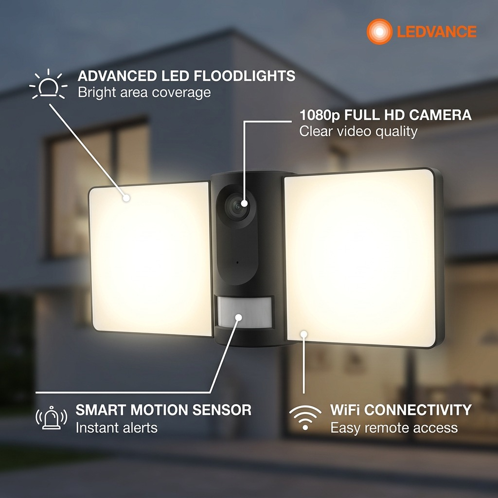 Feature overview graphic of LEDVANCE SMART+ WiFi Outdoor Flood Light Camera with four factual callouts.