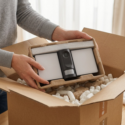 Fingers lift a LEDVANCE camera array from secure pulp packaging, flanked by protective foam and peanuts inside a shipping box.