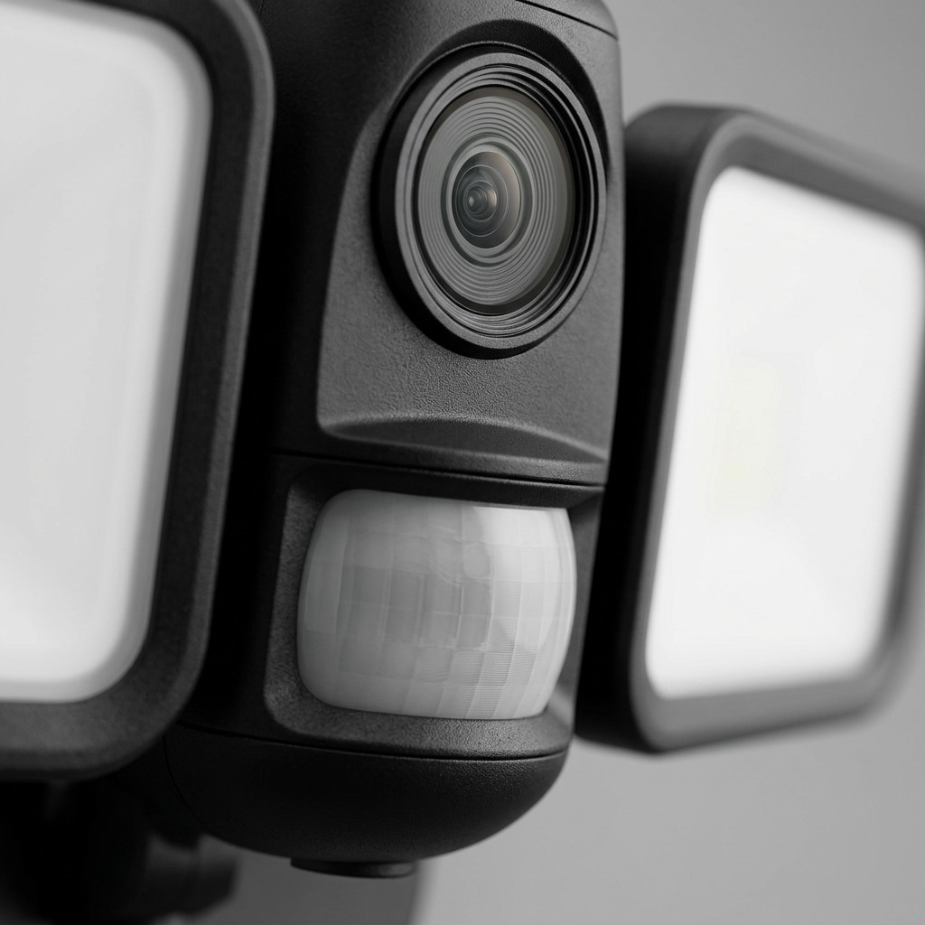 Macro view of the LEDVANCE floodlight camera, highlighting the sensor panel, lens detail, and casing texture.