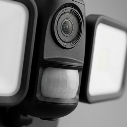 Macro view of the LEDVANCE floodlight camera, highlighting the sensor panel, lens detail, and casing texture.