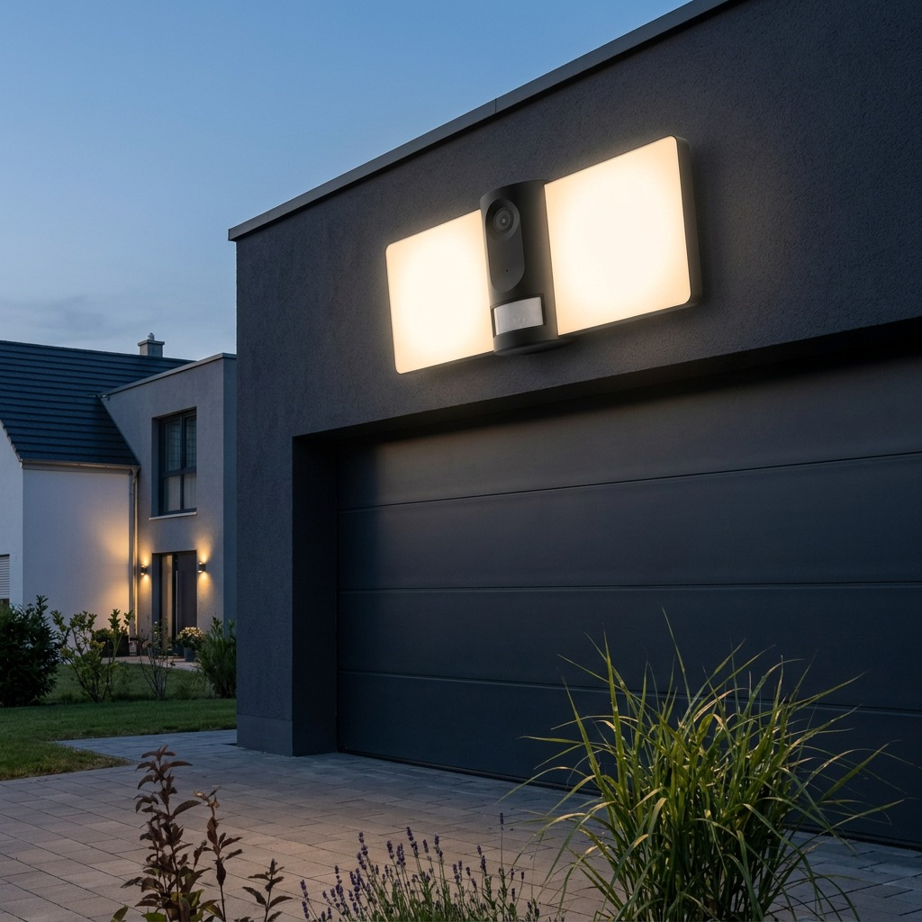 Outdoor-mounted LEDVANCE SMART+ WiFi Camera with floodlights illuminates the side of a modern house at night.