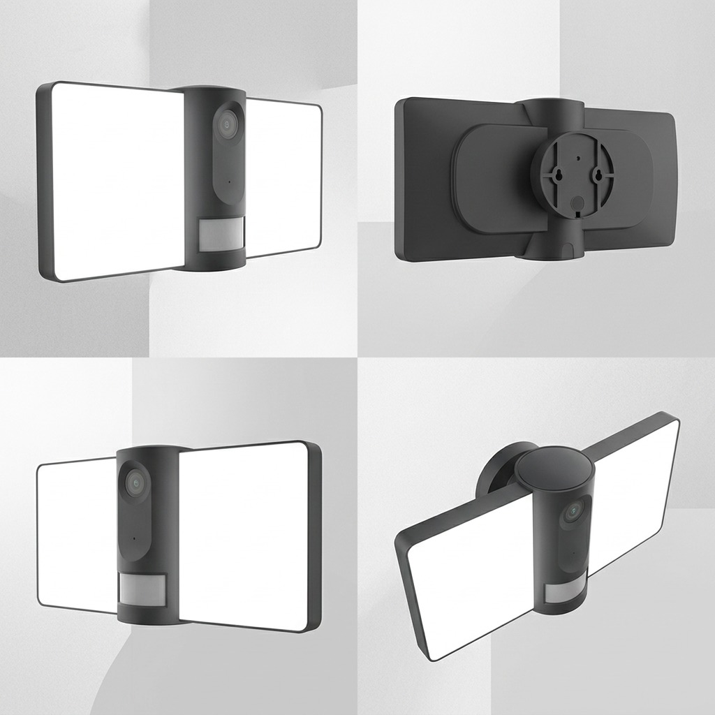 Grid matrix showing the LEDVANCE floodlight camera from four distinct, professional angles.
