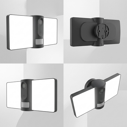 Grid matrix showing the LEDVANCE floodlight camera from four distinct, professional angles.