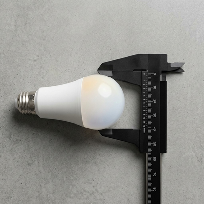 LEDVANCE SMART+ WiFi Tunable White LED bulb is shown horizontal and measured by a sliding caliper, next to a smartphone.