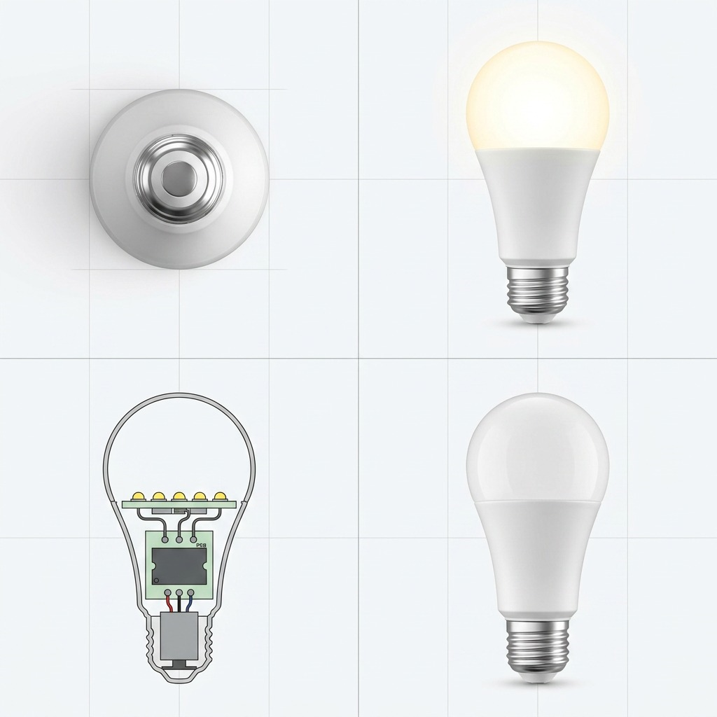 A four-panel grid showing different views and states of the LEDVANCE smart bulb.