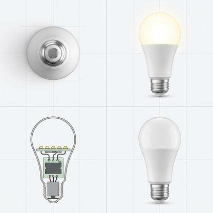 A four-panel grid showing different views and states of the LEDVANCE smart bulb.