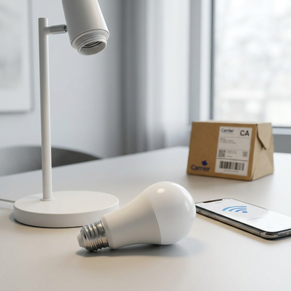 A lifestyle shot of the A21 SMART+ bulb by a modern desk lamp, being controlled by a smartphone app.