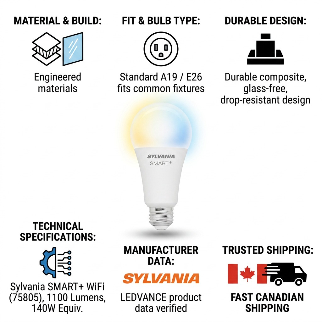 Infographic matrix highlighting Sylvania Smart+ bulb features and fast Canadian shipping.