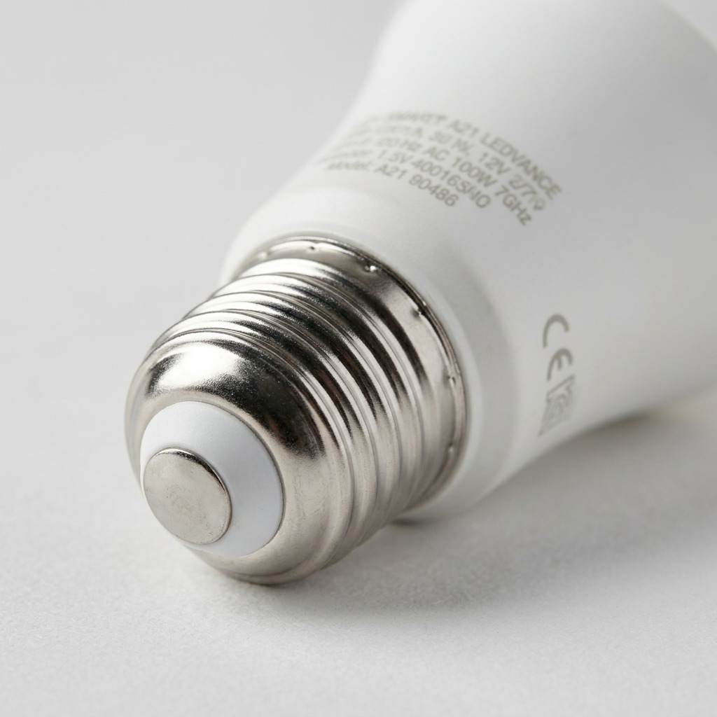 A detailed macro photograph showing the high-precision E26 screw base and ceramic finish of a smart LED bulb.