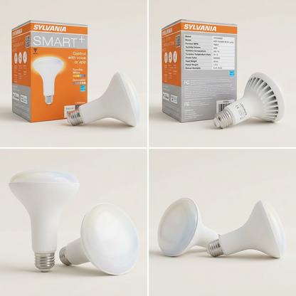 A clean matrix displaying four identical SYLVANIA SMART+ WiFi Tunable White LED flood light bulb packages from alternate views.