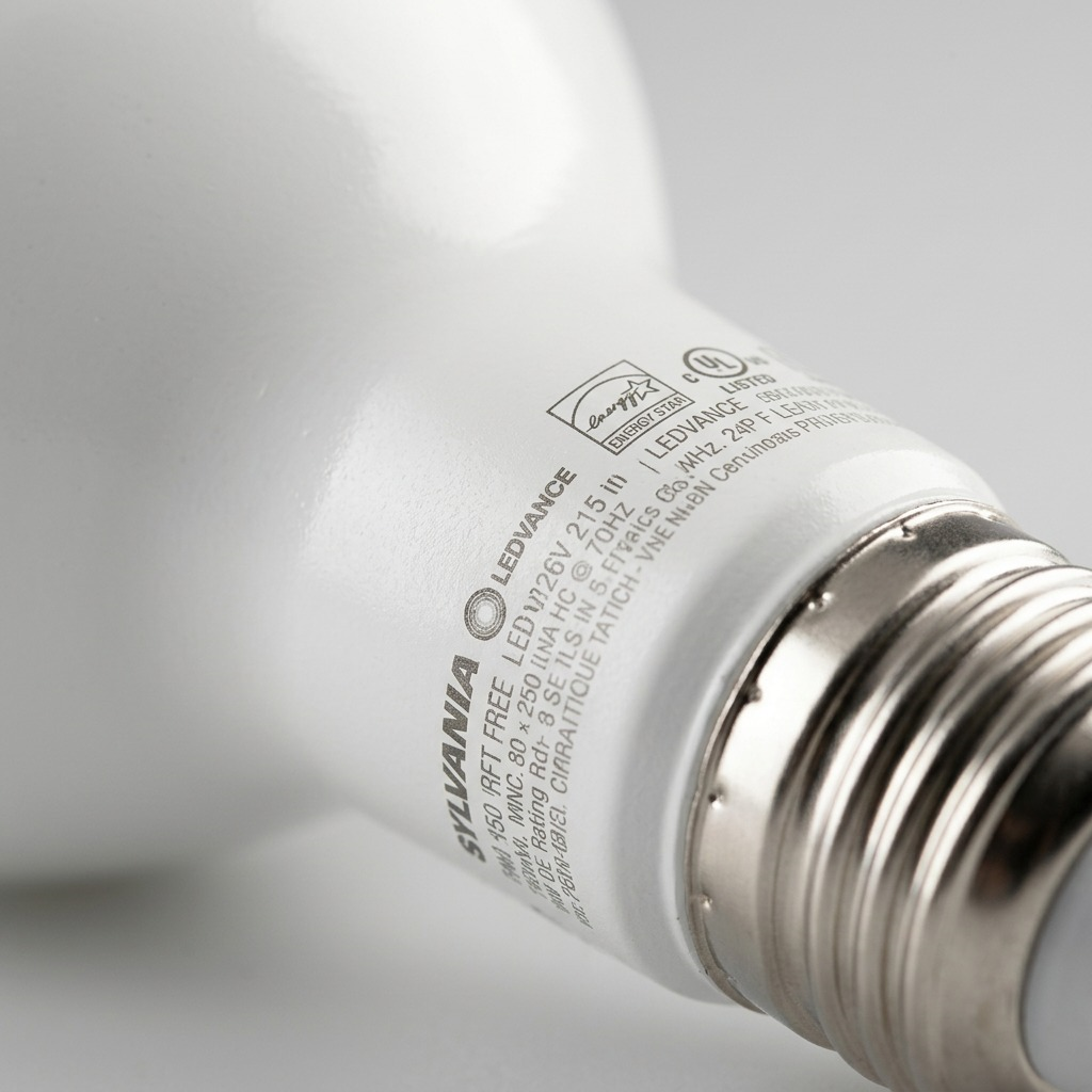 A macro photo focuses sharply on the etched specifications and metal base of the Sylvania LED lamp.