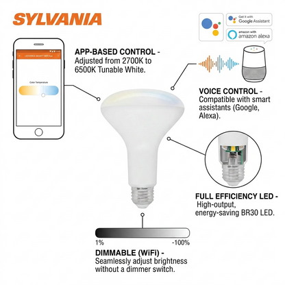 Polished e-commerce feature callout image highlights LEDVANCE SMART+ WiFi BR30 Tunable White Lamp 75804. Pointer lines indicate app and voice control, tunable white color temperature adjustment, and seamless dimming features, translating technical specifications into clear customer benefits. Clean, factual labels focus on simple installation and smart home connectivity. White background with soft shadows creates a premium look.