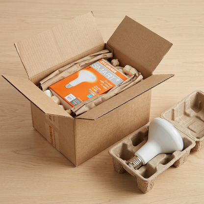 Premium padded shipping box unmasked to reveal a Sylvania SMART+ Wi-Fi bulb and retail package.