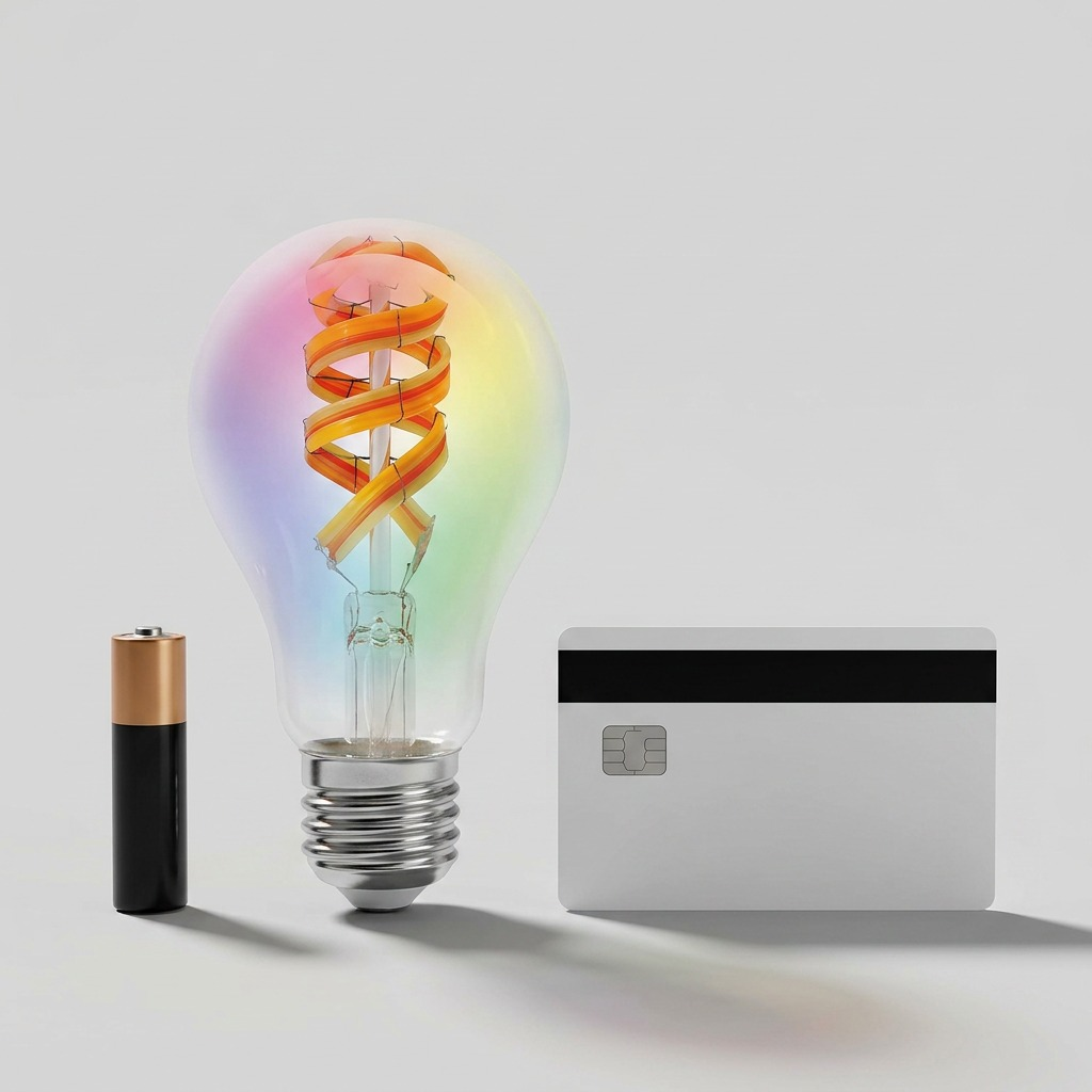 A19 smart filament bulb and a standard AA battery.