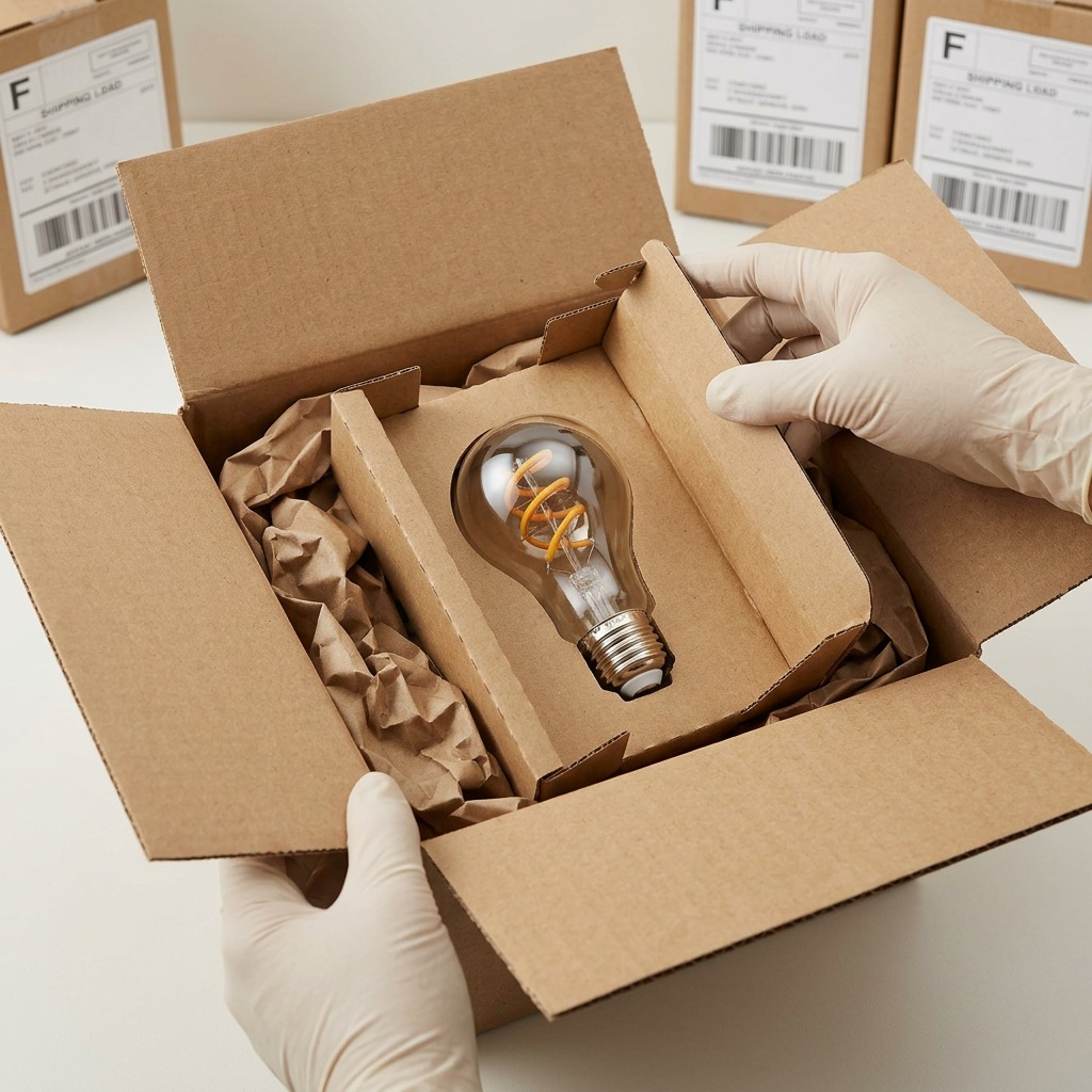 A close-up unboxing scene showing the SYLVANIA SMART+ bulb in a protective cardboard inlay, safe for shipping.