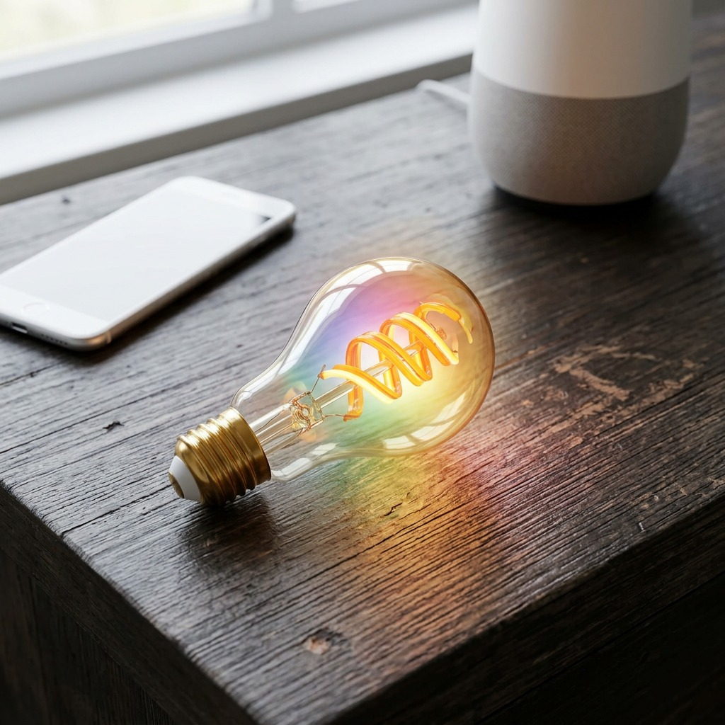 Lifestyle image showing the smart LED bulb glowing on a wooden table.