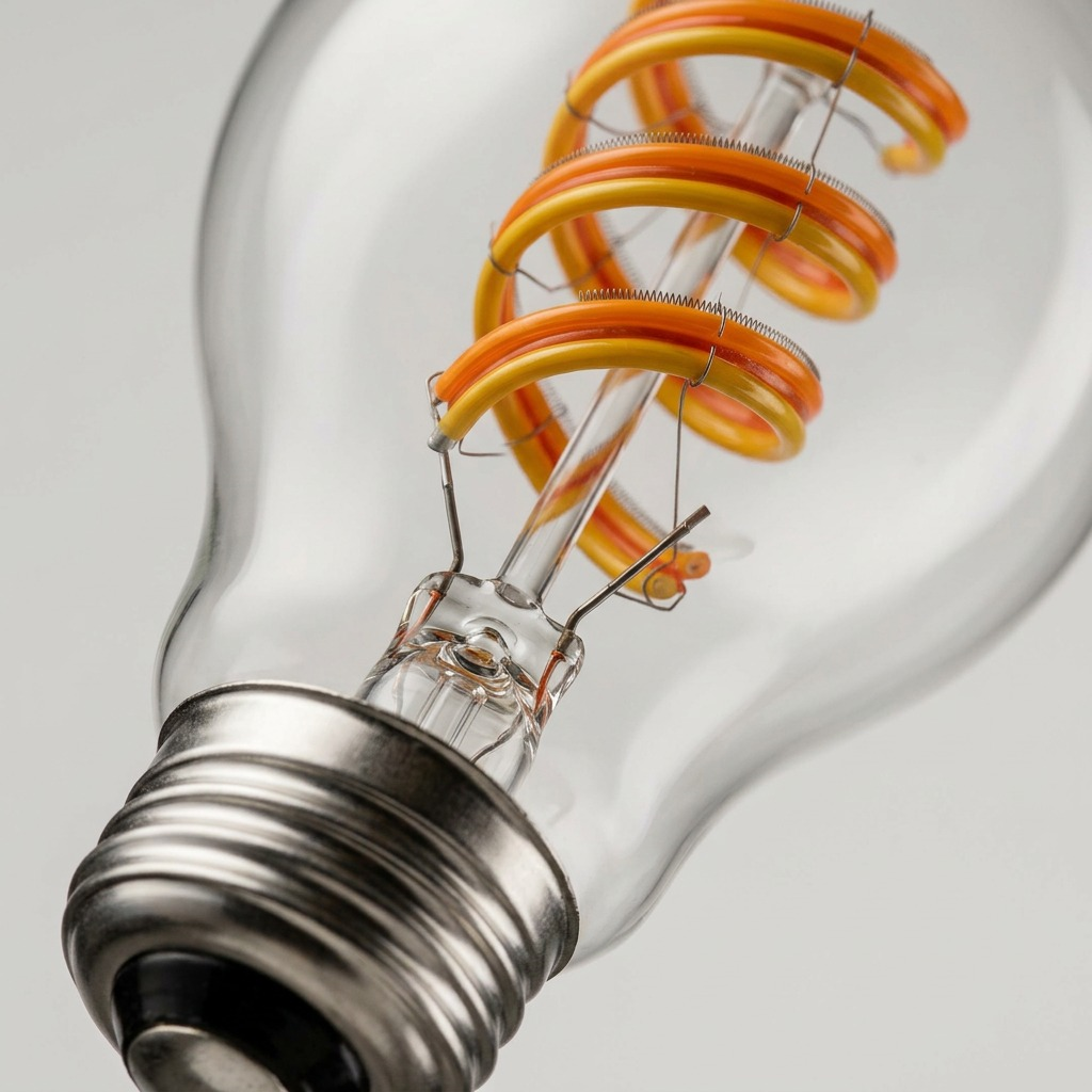 A macro close-up of the coiled orange and yellow LED filaments inside a clear glass bulb.