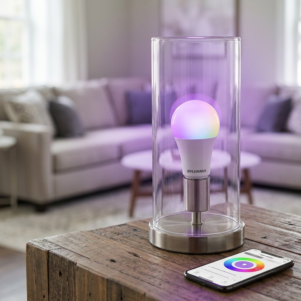 A SYLVANIA SMART+ WiFi A21 light bulb, accurately matching image_0.png, glows with a purple hue from its full color spectrum in an open table lamp socket. No packaging is present. Correct natural lighting and scale are used.
