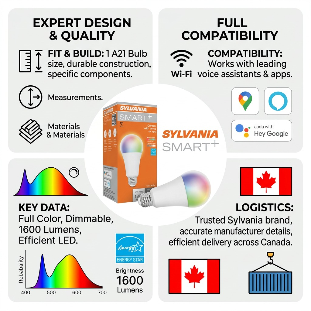 Product matrix for SYLVANIA SMART+ WiFi bulb. Shows expert design, compatibility, full color/dimmable data, 1600 lumens, and fast Canadian shipping.