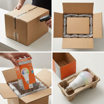 Product-led visual matrix image 7: packaging and unboxing confidence. Displays the LEDVANCE Sylvania Smart+ bulb (MPN 75806) from its shipping box.