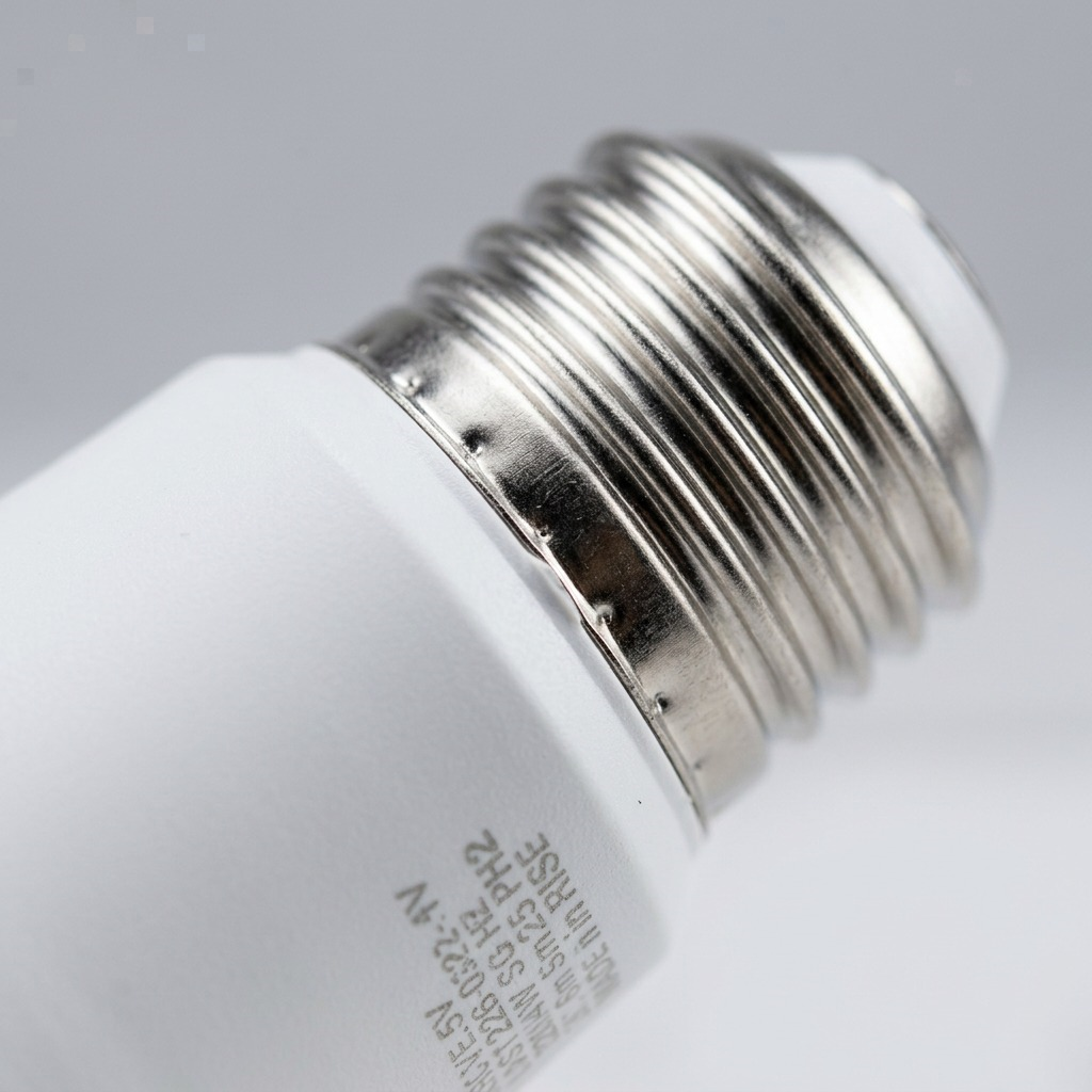 A macro photograph of the Sylvania SMART+ standard base, showing clear lens threads and printed markings to confirm quality.