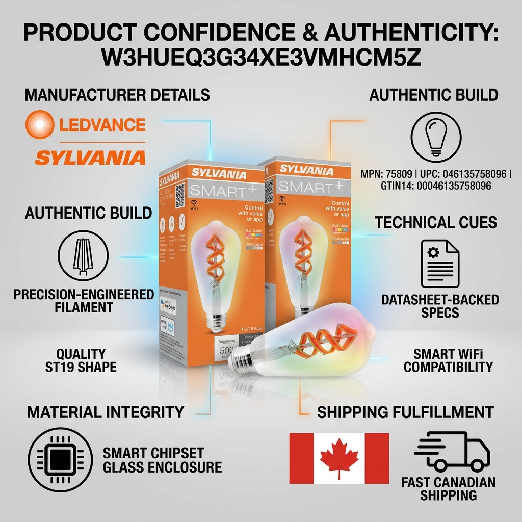 A confidence infographic featuring the SYLVANIA SMART+ ST19 filament bulb, highlighting key specifications and features.