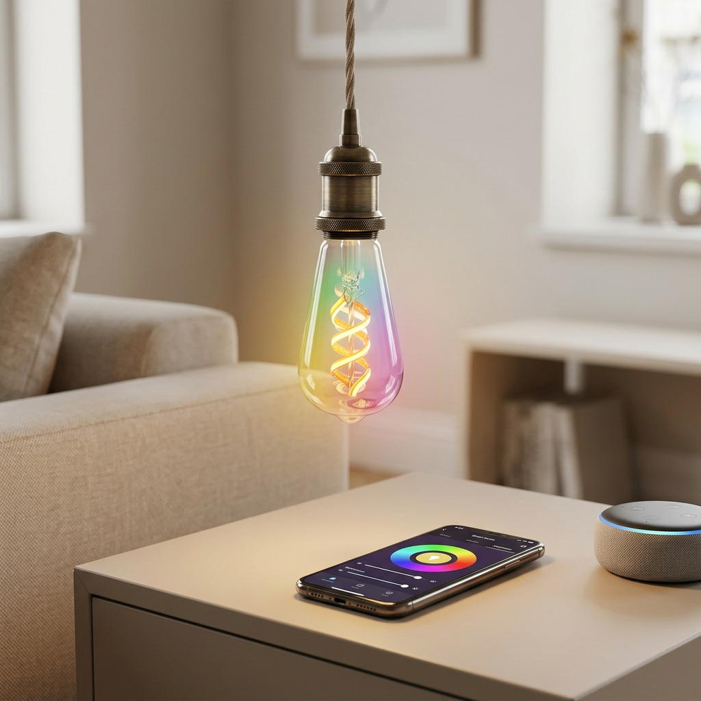 Specific ST19 Sylvania SMART+ WiFi bulb hanging and glowing above a side table in a contemporary living room.