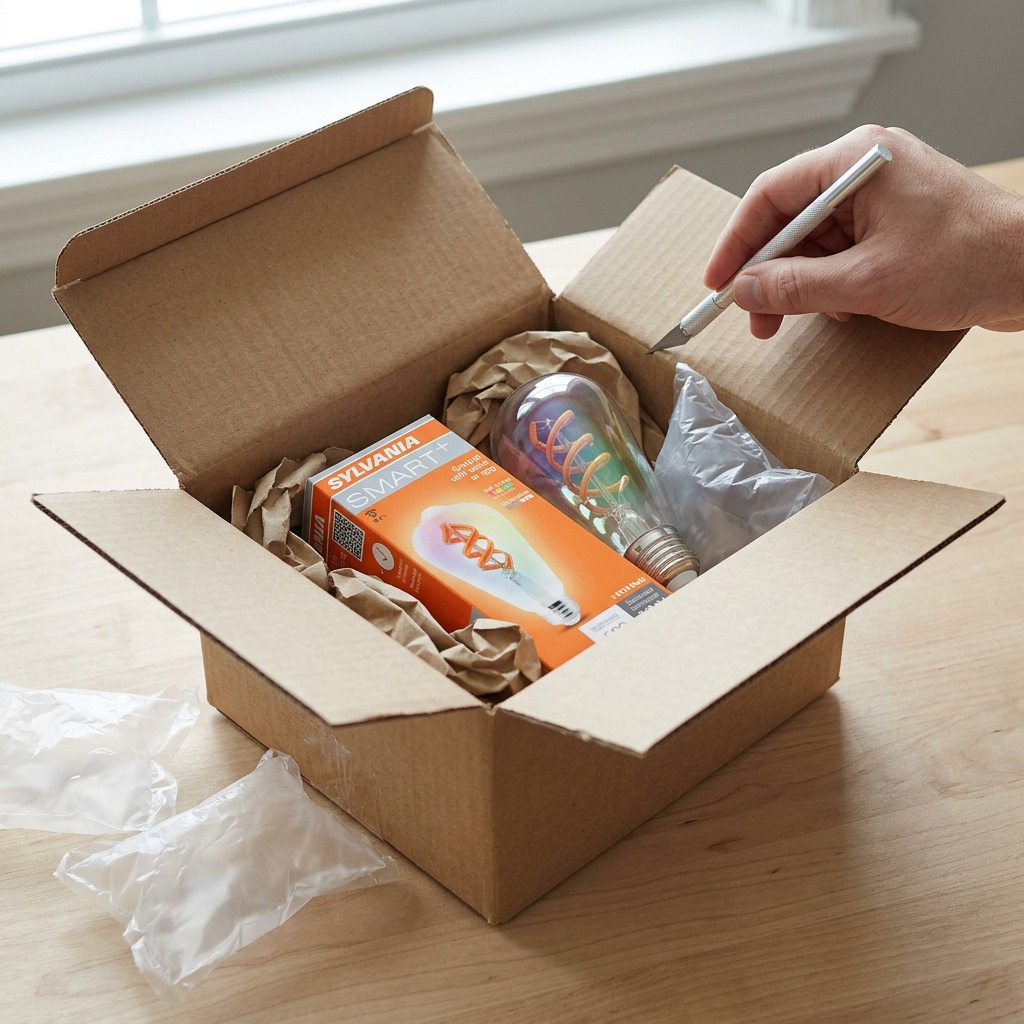 Alt text: A box cutter slicing open a brown cardboard box, revealing a padded Sylvania Smart+ bulb.