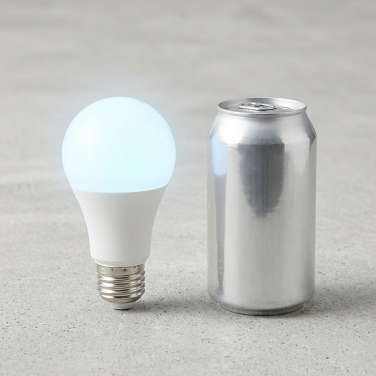 The illuminated LEDVANCE SMART+ WiFi Tunable White Bulb stands next to a standard 12oz aluminum can for accurate scale reference.