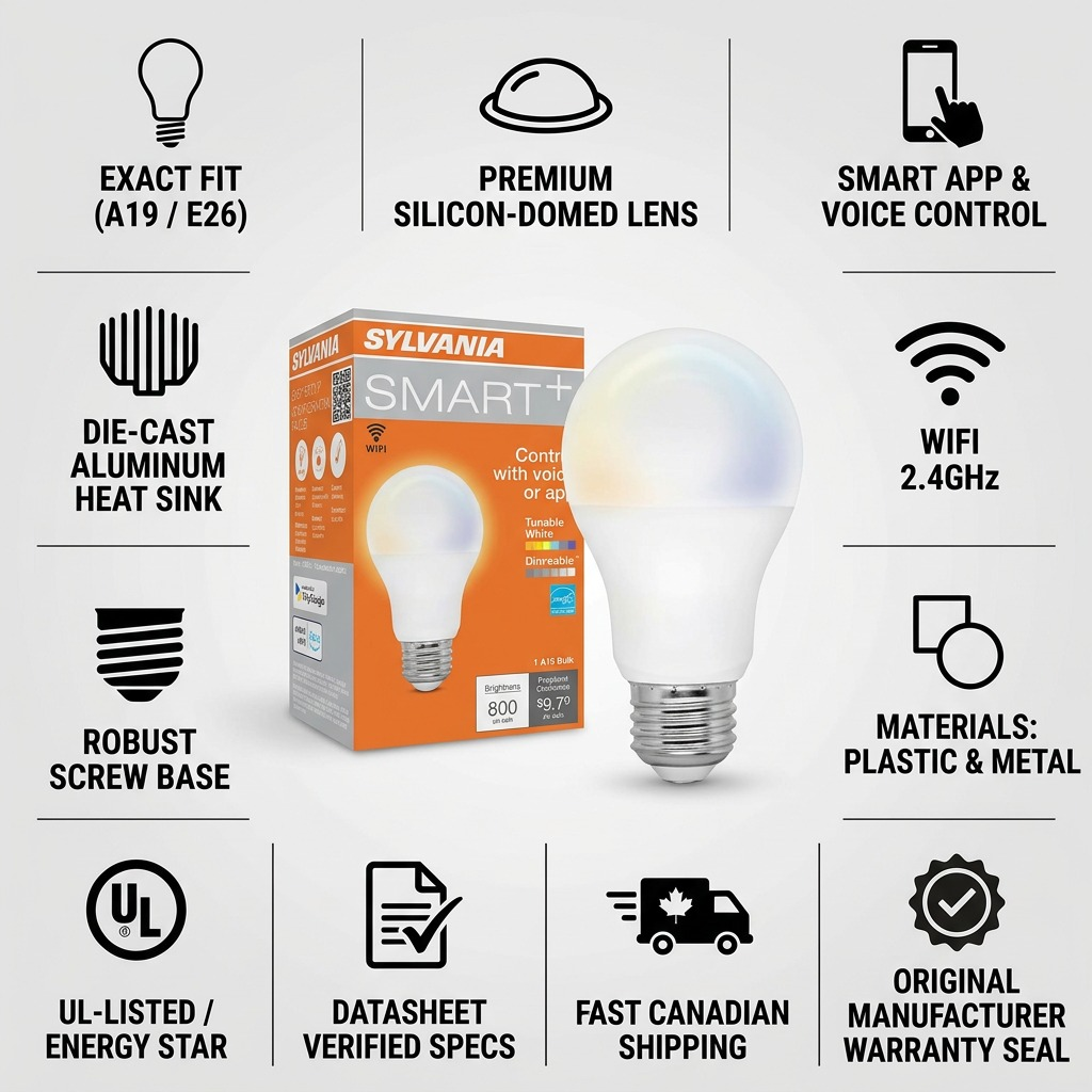 Trust and authority infographic for Sylvania Smart+ WiFi bulb featuring product specs and US/Canadian shipping info.