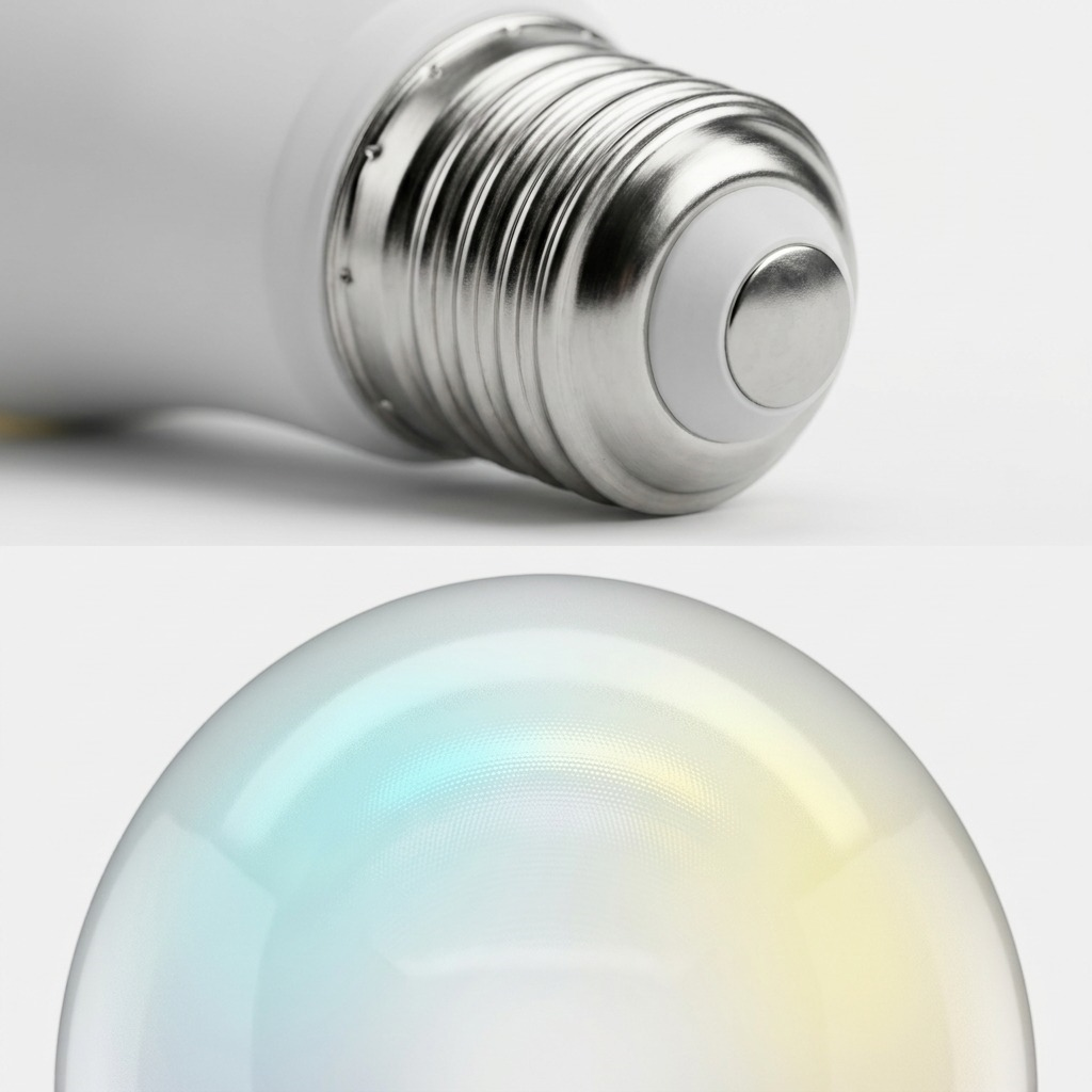 Macro detail. Top: metal screw base and contact. Bottom: micro-etched glass surface with a central focus split point.