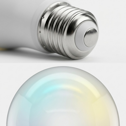 Macro detail. Top: metal screw base and contact. Bottom: micro-etched glass surface with a central focus split point.