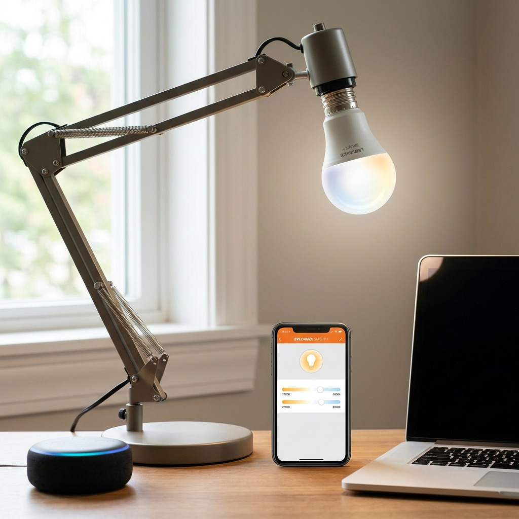 A detailed overhead view of a home office desk, with the LEDVANCE SMART+ WiFi lamp providing a clean, bright tunable light. The lamp is a realistic scale within a modern desk lamp, casting a natural white light over a laptop and a neatly organized workspace. The image is clean and follows neutral ecommerce styling.