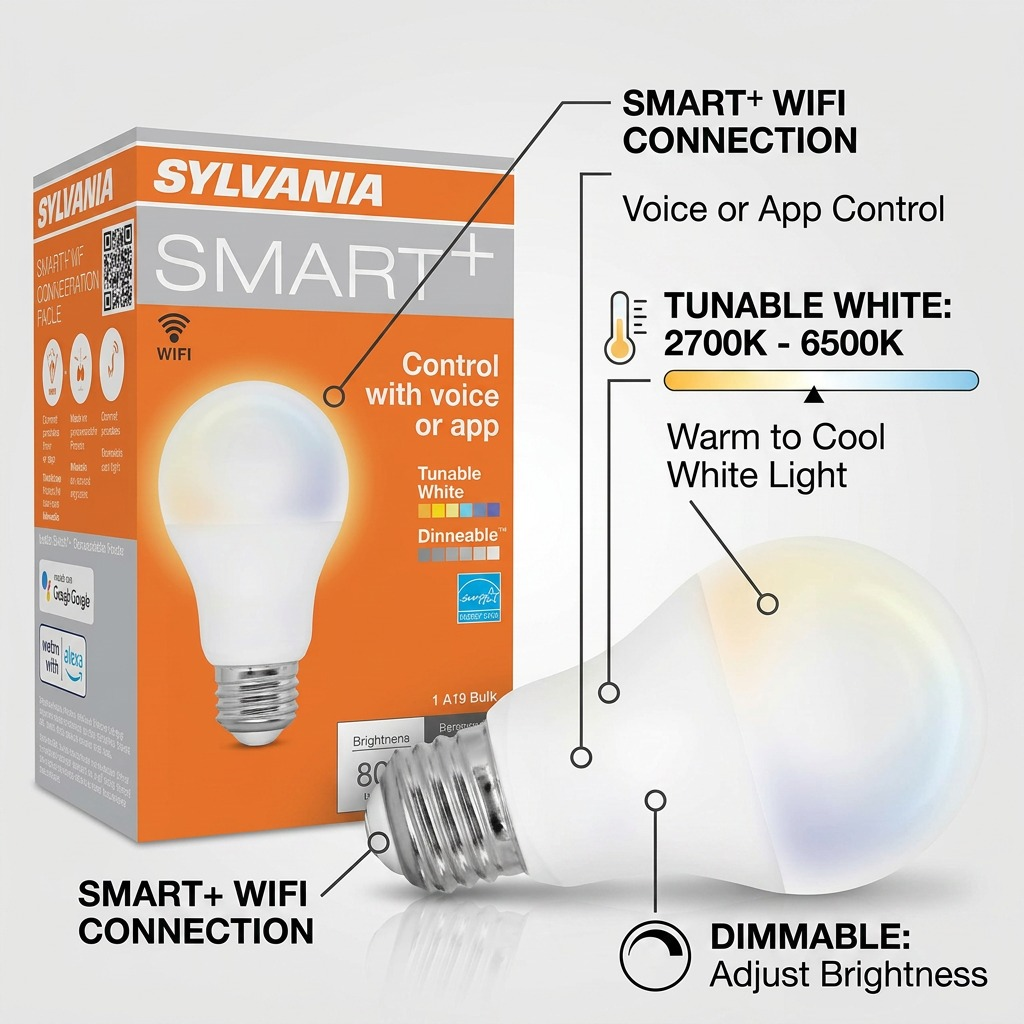 A high-quality product image with clean lines showing the SMART+ feature callouts of a Sylvania Tunable White WiFi LED Bulb, including WiFi connectivity and color temperature options.