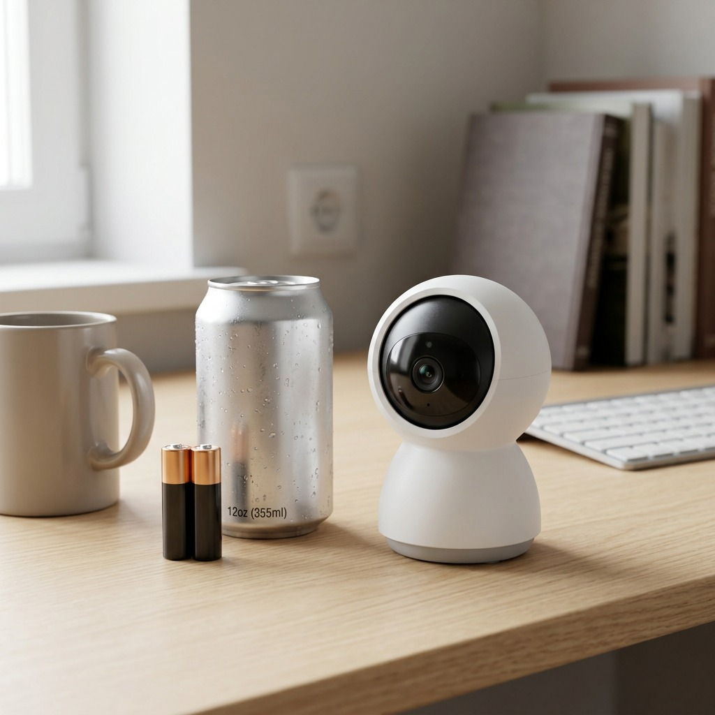 A white LEDVANCE SMART+ WiFi indoor camera beside a standard AA battery and coffee mug on a desk.