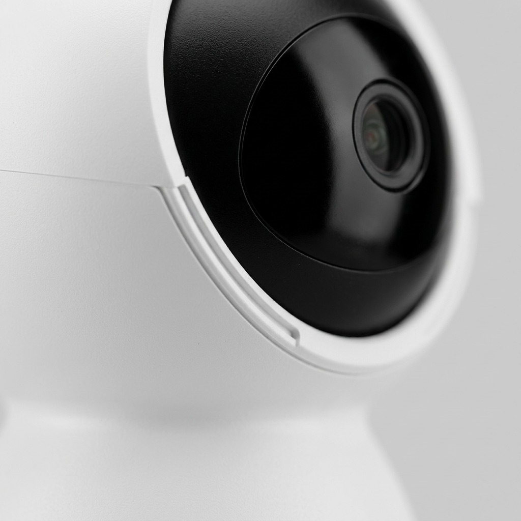 "Macro view of mechanical tracks and lens on LEDVANCE SMART+ Pan & Tilt camera sphere."
