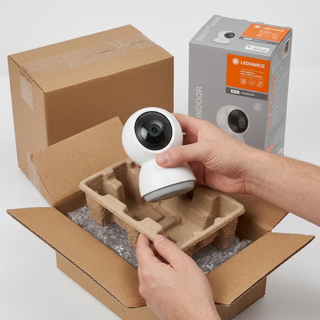 Unboxing a LEDVANCE SMART+ WiFi Indoor camera from its custom-molded protective insert.