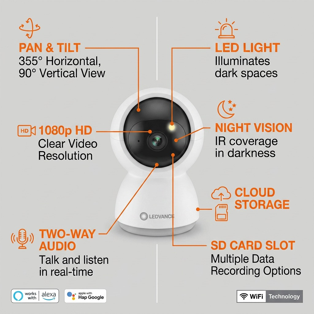LEDVANCE camera (image_0.png) visual matrix with pan, tilt, LED light, and audio callouts.